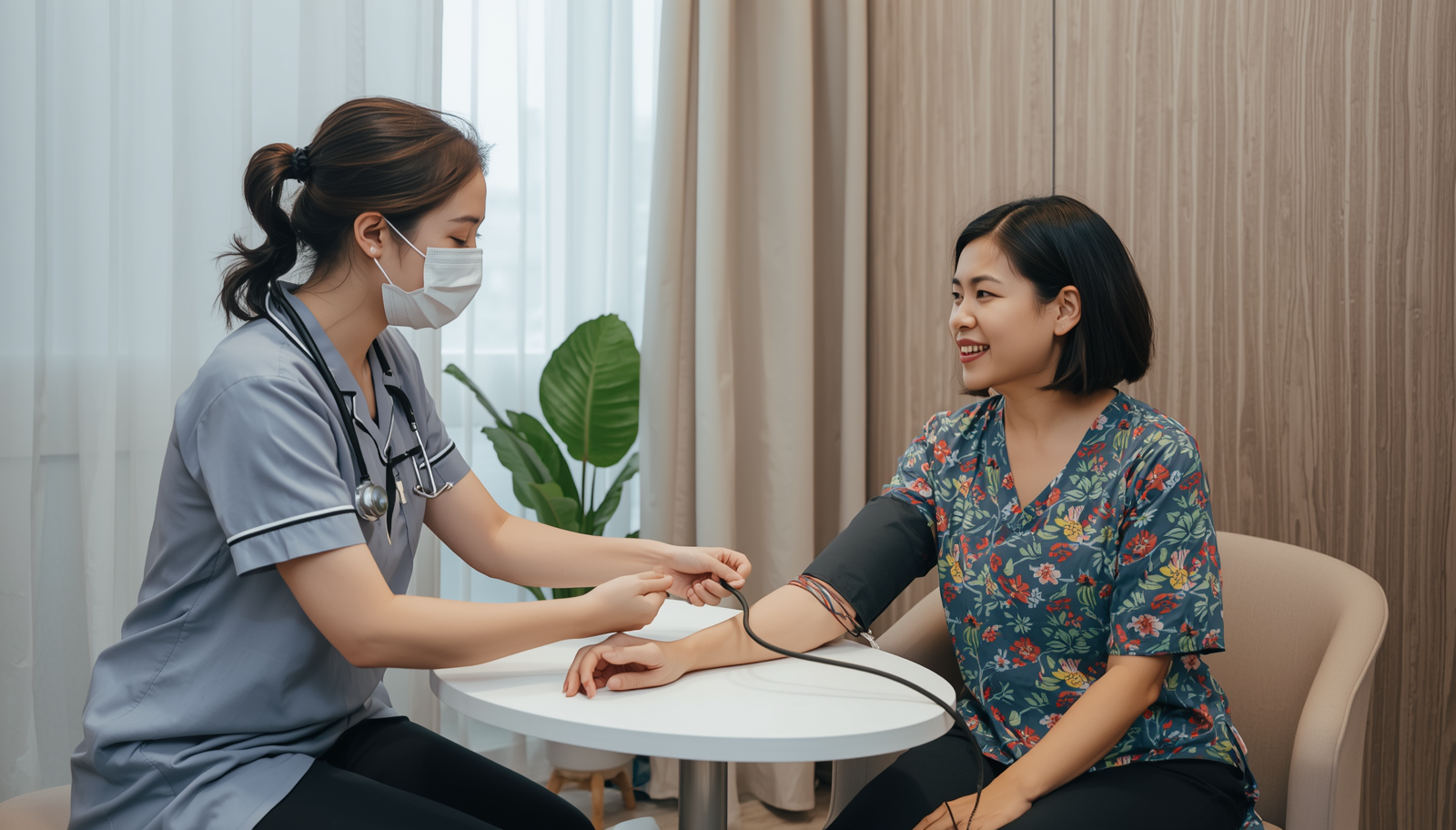 Nurse checking blood pressure for patient during health screening